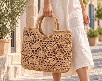 Raffia Tote Bag Crochet Pattern PDF, Sunburst Fan Lace with Oval Handles