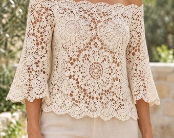 Off Shoulder Crochet Top Pattern, Floral Lace Blouse with Bell Sleeves, Women's  PDF