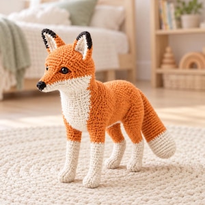 Pode incluir: Um brinquedo de raposa em crochê com um corpo laranja vibrante, peito e barriga brancos e uma cauda com a ponta branca. A raposa tem orelhas com pontas pretas, um nariz preto e olhos escuros e redondos. A construção do fio mostra um padrão texturizado.