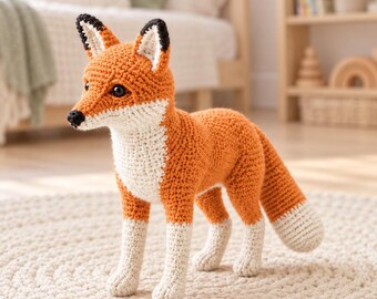 Fox Crochet Pattern PDF, Realistic Standing Amigurumi with White Legs, Woodland Animal Decor