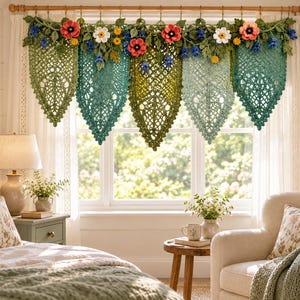Garden Cascade Crochet Window Valance Pattern, Floral Lace Curtain, Botanical Cottagecore Decor, Digital PDF