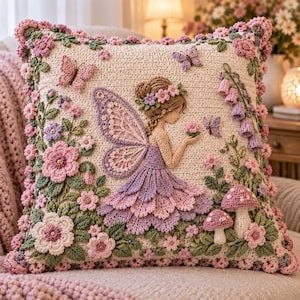 Op de afbeelding: Een vierkant, crèmekleurig gehaakt kussen met een centrale feeënfiguur met lichtbruin haar, gekleed in een gelaagde paarse en roze jurk. Het ontwerp bevat driedimensionale gehaakte bloemen, groene bladeren, twee vlinders en twee paddenstoelen.