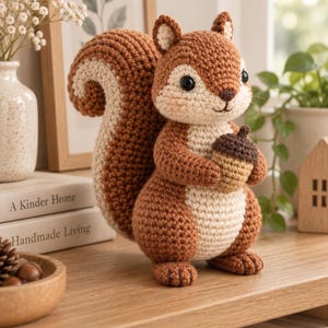 Pode incluir: Uma figura de esquilo em crochê feita com fio castanho e creme, com grandes olhos pretos e uma cauda felpuda. O esquilo segura uma pequena bolota texturizada castanha e bege nas patas dianteiras. O brinquedo tem um corpo arredondado e pontos.