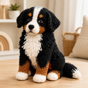 May include: A crocheted Bernese Mountain Dog plush toy featuring a black, white, and tan color scheme. The stuffed animal has a textured, yarn-based coat, a white chest patch, white paws, and brown accents above the eyes, with dark plastic eyes.