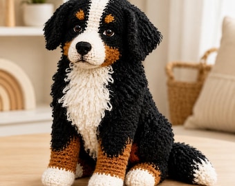 Bernese Mountain Dog Crochet Pattern PDF, Fluffy Sitting Puppy Amigurumi