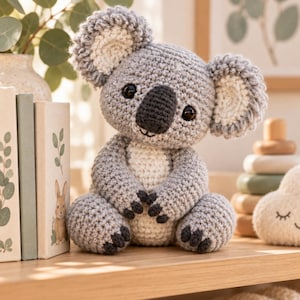 Peut inclure: Un jouet koala en crochet fait main avec du fil gris clair, un ventre blanc et de grandes oreilles duveteuses aux centres blancs. Le koala a un nez gris foncé, des yeux de sécurité noirs et de petites griffes gris foncé sur les mains et les pieds.