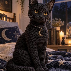 May include: A handcrafted black crochet cat figurine with amber-colored eyes and long white whiskers. The cat wears a dark collar featuring a gold-toned crescent moon pendant. The texture of the yarn is visible throughout the body and ears.