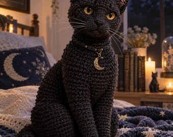 Padrão de crochê de gato preto | Amigurumi sentado de 45 cm | Escultura gótica macia em PDF