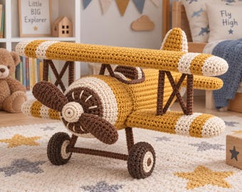 Padrão de crochê em PDF de avião, amigurumi de biplano amarelo retrô com hélice e rodas.