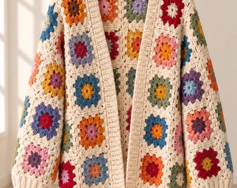 Flower Granny Square Cardigan Crochet Pattern, Women's Boho Sweater with Ribbed Cuffs PDF