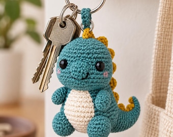 Dinosaurier-Schlüsselanhänger (Häkelanleitung als PDF), Mini-Taschenanhänger in Türkis (Amigurumi)