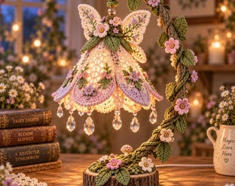 Fairy Flower Lamp Crochet Pattern, Botanical Lace Shade PDF, Woodland LED Table Decor Tutorial