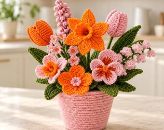 Potted Flower Bouquet Crochet Pattern PDF, Tulips, Daffodil, Pansy and Spring Home Decor