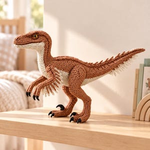 May include: A crocheted dinosaur toy featuring a brown body with a cream-colored underbelly and throat. The figure has a long tail, small arms with black claws, and prominent black claws on its feet. It has a textured surface and yellow eyes.