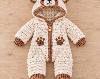 Teddy Bear Hooded Romper Crochet Pattern, Baby Jumpsuit PDF, 6-9 Months