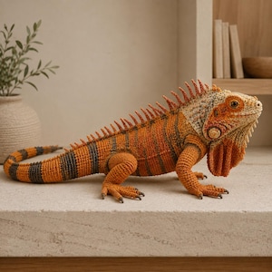 Op de afbeelding: Een gehaakt leguaanfiguur met een levendig oranje en bruin gestreept patroon. Het wezen heeft een getextureerd oppervlak, een prominente keelzak onder de kin, een rij stekelige schubben langs de rug en een lange, gesegmenteerde staart.