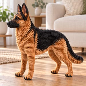 May include: A handcrafted crochet German Shepherd dog figurine featuring a textured tan and black yarn coat. The plush figure displays the breed's signature pointed ears, a black muzzle, and a detailed saddle pattern across its back and tail.