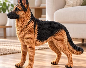 German Shepherd Crochet Pattern PDF, Realistic Standing Amigurumi Dog, Black and Tan, 42 cm