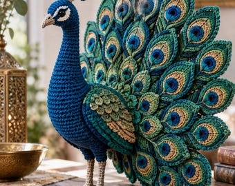 Peacock Crochet Pattern PDF, Realistic Amigurumi Bird Sculpture, Layered Feather Tail, Standing Decor Tutorial