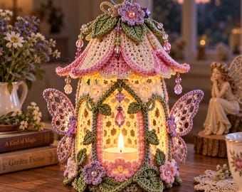 Crochet Lantern Pattern, Fairy Blossom LED Tea Light Holder, Botanical Lace Butterfly Cottage Decor PDF