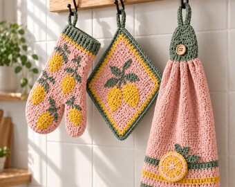 Lemon Kitchen Set Crochet Pattern PDF, Pink Oven Mitt, Potholder & Hanging Towel