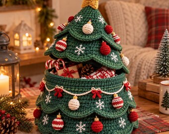 Christmas Tree Storage Basket Crochet Pattern, Holiday Gift Container, Removable Lid, Festive Home Decor PDF