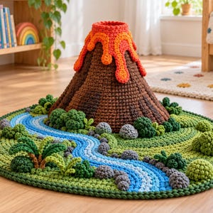May include: A circular crochet play mat featuring a central brown volcano with orange lava flowing down the sides. The base is decorated with green crocheted bushes, gray stones, and a winding blue river that flows across the textured landscape.
