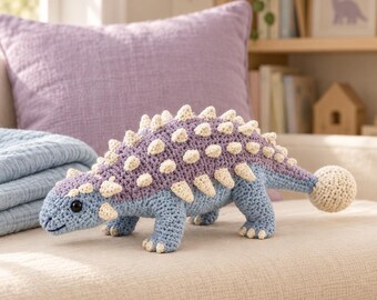 Ankylosaurus Crochet Pattern PDF, Pastel Dinosaur Amigurumi with Spiked Back and Club Tail