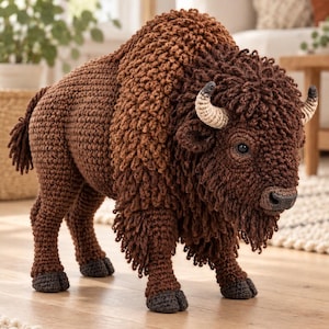 Puede incluir: Un bisonte de ganchillo marrón, peluche con una melena texturizada y peluda, pezuñas de color marrón oscuro y cuernos curvos claros. El cuerpo está tejido con puntadas densas y uniformes, mientras que la cabeza presenta bucles de lana largos.