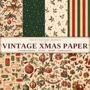 Puede incluir: Una colección digital de ocho patrones sin costuras con motivos navideños vintage que incluyen ciervos, acebo, adornos, caballos mecedora y Santa Claus. El texto dice VELVET PATTERN ARCHIVE VINTAGE XMAS PAPER 8 Seamless Patterns 12x12 in 300 DPI Commercial Use.