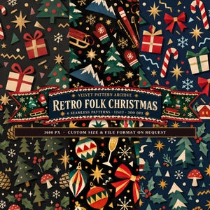 Retro Folk Christmas Seamless Patterns, 6 Sled Ski Mitten Digital Papers, 12x12 JPG *CD2603