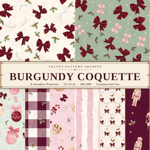 以下が含まれることがあります： VELVET PATTERN ARCHIVE BURGUNDY COQUETTEというタイトルのデジタルコレクション。30.48x30.48cmのシームレスパターン8種。バーガンディのリボン、ヒイラギの葉、パール、くるみ割り人形、キャンディケイン、オーナメントが描かれています。