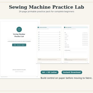 May include: A 24-page printable Sewing Machine Practice Lab pack for beginners. The document features a title page, straight line control exercises, and a final checkpoint. It includes A4 and US Letter formats for instant download.