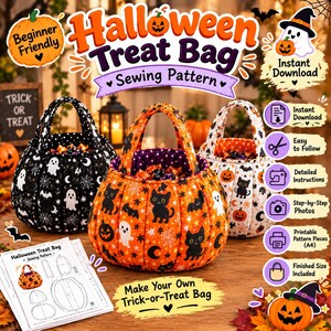 Pumpkin Trick or Treat Bag Sewing Pattern, Printable PDF, Beginner Friendly Halloween Bag