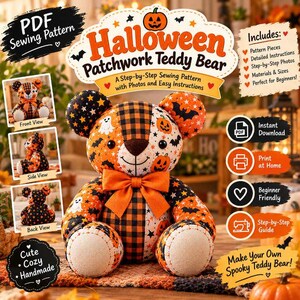 Könnte beinhalten: Ein PDF-Schnittmuster für einen Halloween-Patchwork-Teddybären aus orangefarbenem und schwarzem Stoff mit Kürbis-, Geister- und Fledermausmotiven. Der Bär hat eine große orangefarbene Fliege und wird in Vorder-, Seiten- und Rückansicht dargestellt.