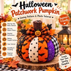 Patrón de costura de calabaza de tela para Halloween en PDF, patrón de calabaza de patchwork, tutorial de costura para principiantes, decoración de otoño DIY