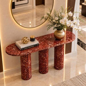 Rosso Levanto Marble Console Table, Luxury Fluted Pedestal Entryway Table, Handmade Red Marble Hallway Table, Modern Home Decor