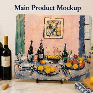 May include: A rectangular glass cutting board featuring a colorful impressionist-style painting of a dining table set with wine bottles, glasses, and plates of fruit. The artwork includes a framed picture on a pink wall and blue tablecloth.
