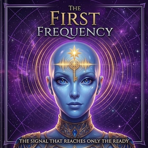 Op de afbeelding: Een boekomslag getiteld THE FIRST FREQUENCY met een blauwhuidige figuur met een gouden sleutel en een stersymbool op het voorhoofd. De achtergrond is een dieppaarse kosmische scène met cirkelvormige lijnen. De tekst luidt THE SIGNAL THAT REACHES ONLY THE READY.