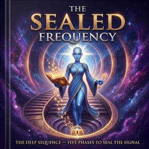 May include: A book cover titled The Sealed Frequency with the subtitle The Deep Sequence — Five Phases to Seal the Signal. It features a blue figure standing on stairs, holding an open book and a gold key, surrounded by a glowing portal and nebula.