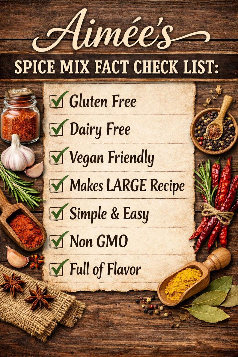 May include: A sign titled Aim&eacute;e's SPICE MIX FACT CHECK LIST with a checklist of features: Gluten Free, Dairy Free, Vegan Friendly, Makes LARGE Recipe, Simple & Easy, Non GMO, and Full of Flavor. Surrounded by spices, garlic, and herbs.