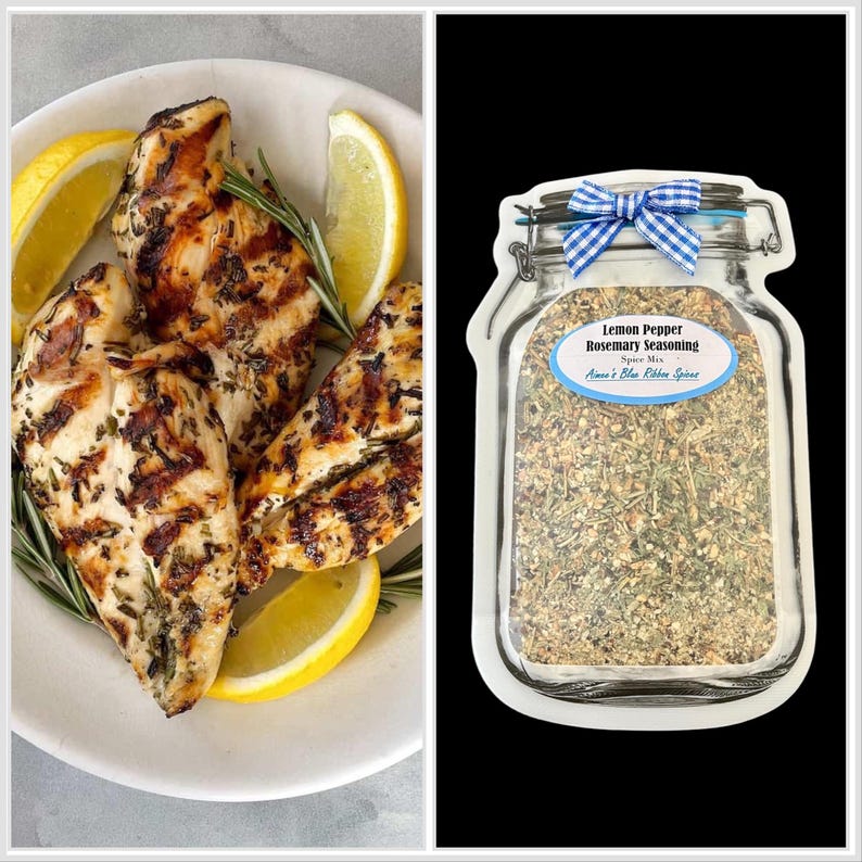May include: A white plate holding grilled chicken breasts seasoned with herbs and garnished with fresh rosemary sprigs and lemon wedges, alongside a jar-shaped package of Lemon Pepper Rosemary Seasoning by Aimee's Blue Ribbon Spice.