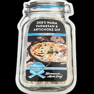 May include: Aimee's Blue Ribbon Spices Deb's Warm Parmesan & Artichoke Dip Spice Mix. A clear glass jar with a white label and a picture of a warm artichoke dip. The label says "Homemade... Made Easy!"
