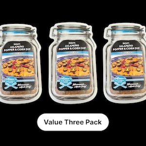 May include: Three clear plastic pouches of Aimee's Blue Ribbon Spices Hot Jalapeno Popper & Corn Dip spice mix. Each pouch features a photo of the dip with jalapenos and a blue ribbon. The text "Homemade...Made Easy!" is on each pouch. The pouches are arranged in a row with the text "Value Three Pack" below them.