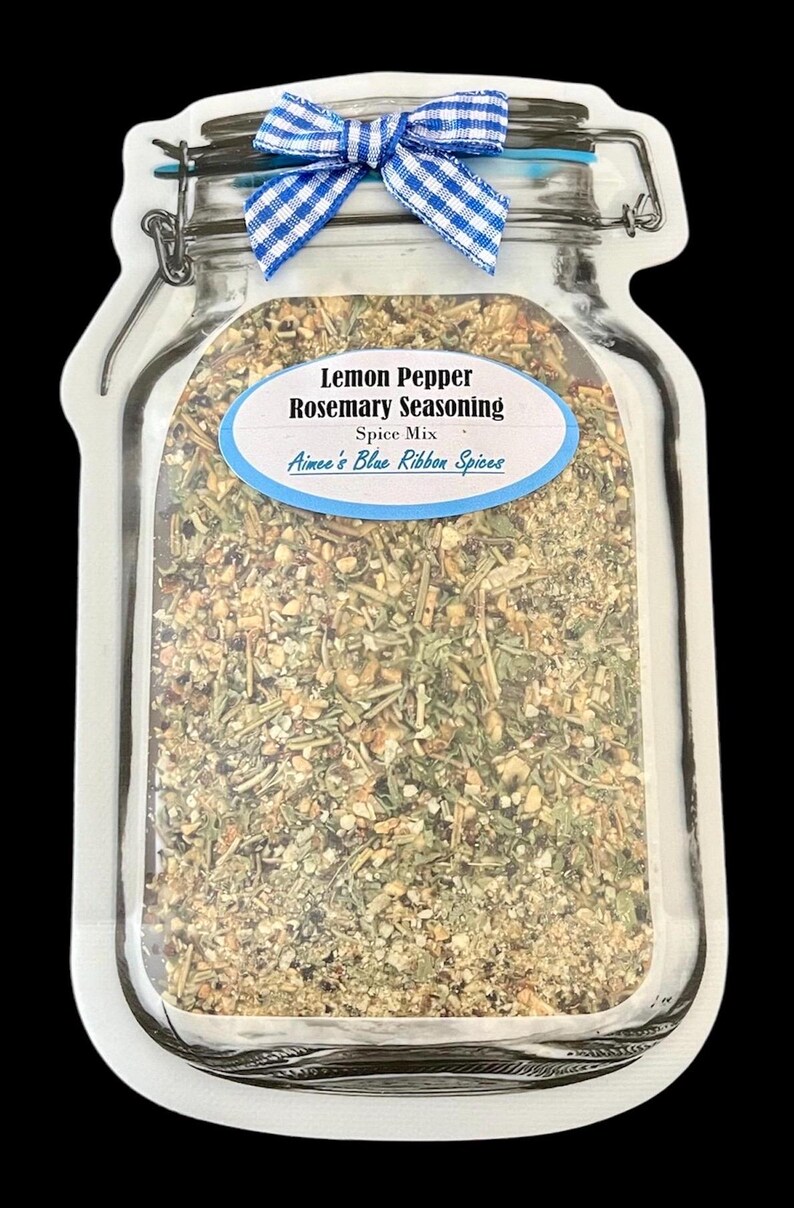 May include: A jar-shaped pouch containing Lemon Pepper Rosemary Seasoning spice mix. The label reads Lemon Pepper Rosemary Seasoning Spice Mix Aimee's Blue Ribbon Spices. A blue and white gingham ribbon is tied around the top of the jar graphic.