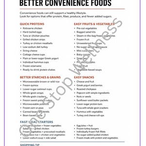May include: A white informational document titled BETTER CONVENIENCE FOODS with black text organized into categories including QUICK PROTEINS, EASY FRUITS & VEGETABLES, BETTER STARCHES & GRAINS, EASY SNACKS, and FAST MEAL STARTERS with a shopping tip.