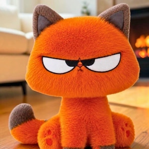 Pode incluir: Um brinquedo de pelúcia em forma de gato com pelo laranja brilhante, olhos grandes brancos com pupilas pretas e uma expressão rabugenta. O gato tem o interior das orelhas castanho, patas castanhas e uma cauda com a ponta castanha.