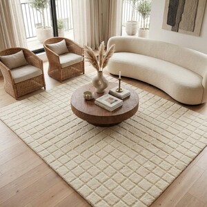 Handmade Cream Tufted Rug, Minimalist Grid Area Rug, Soft Neutral Bedroom Living Room Decor