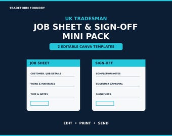 Vorlagen für Arbeitsberichte und Abnahmebestätigungen für Handwerker in Großbritannien | Bearbeitbare Canva-Geschäftsformulare | Sofortiger digitaler Download