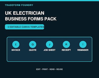 Formularpaket für Elektriker in Großbritannien | Rechnungs-, Angebots- und Auftragsformulare | Vorlagen für Belege | Bearbeitbarer Canva-Download